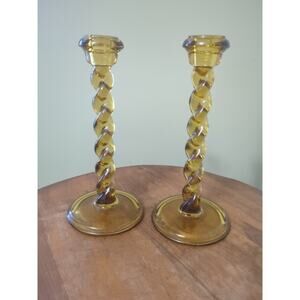 Vintage Lancaster Glass #950 Tall 9 3/4" Amber Twist Candlesticks